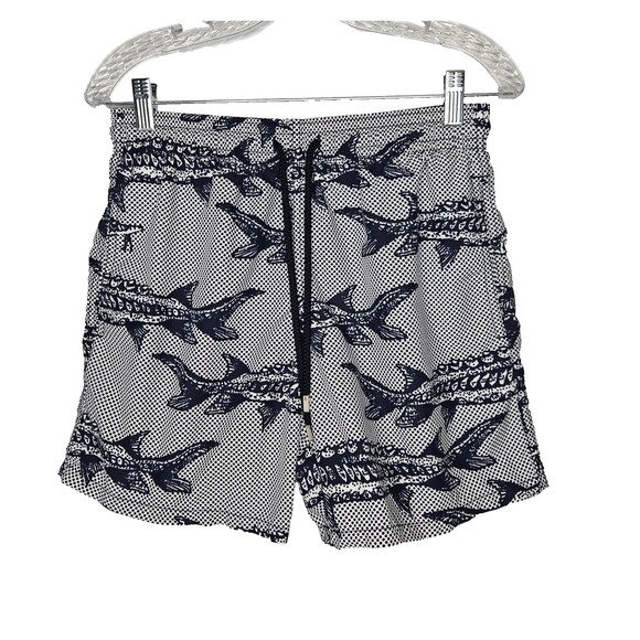 VILEBREQUIN Swim Trunks Men M Fish Print Blue Quick Dry Pockets Lined Drawstring - Picture 1 of 10